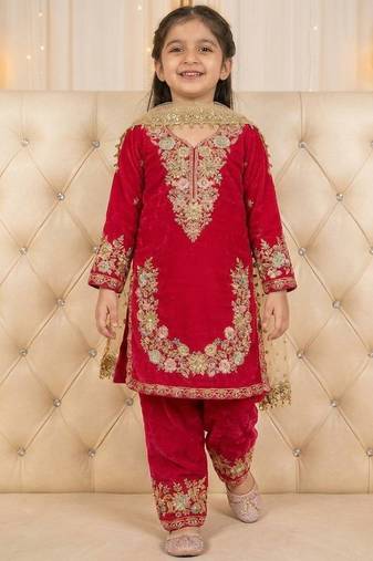 Pink gmy silk embroidery sequence work girls kids dress set