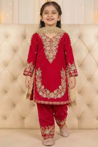 Pink gmy silk embroidery sequence work girls kids dress set