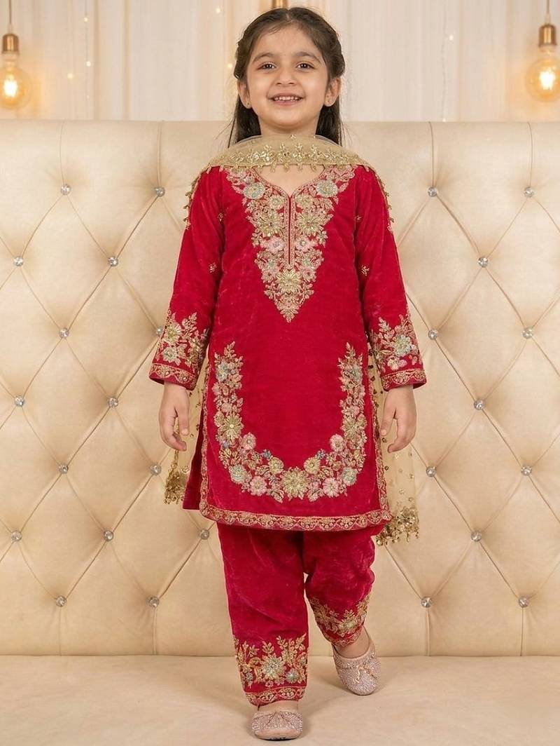Pink gmy silk embroidery sequence work girls kids dress set