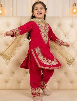 Pink gmy silk embroidery sequence work girls kids dress set 2