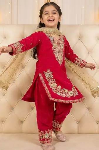 Pink gmy silk embroidery sequence work girls kids dress set