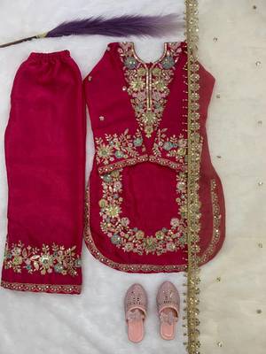 Pink gmy silk embroidery sequence work girls kids dress set 3