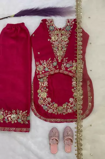Pink gmy silk embroidery sequence work girls kids dress set
