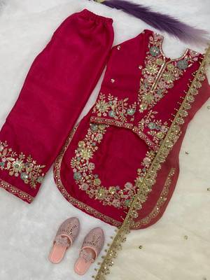 Pink gmy silk embroidery sequence work girls kids dress set 4
