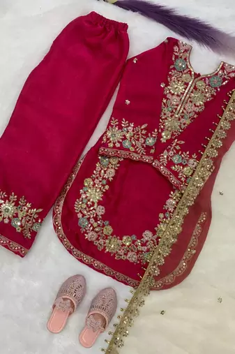 Pink gmy silk embroidery sequence work girls kids dress set