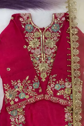 Pink gmy silk embroidery sequence work girls kids dress set