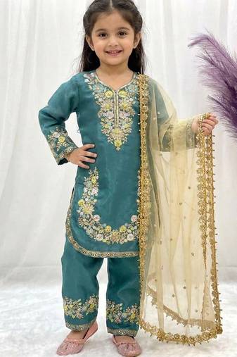 Turquoise gmy silk embroidery sequence work girls kids dress set