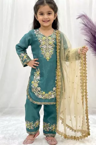 Turquoise gmy silk embroidery sequence work girls kids dress set