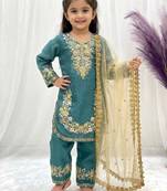 Turquoise gmy silk embroidery sequence work girls kids dress set