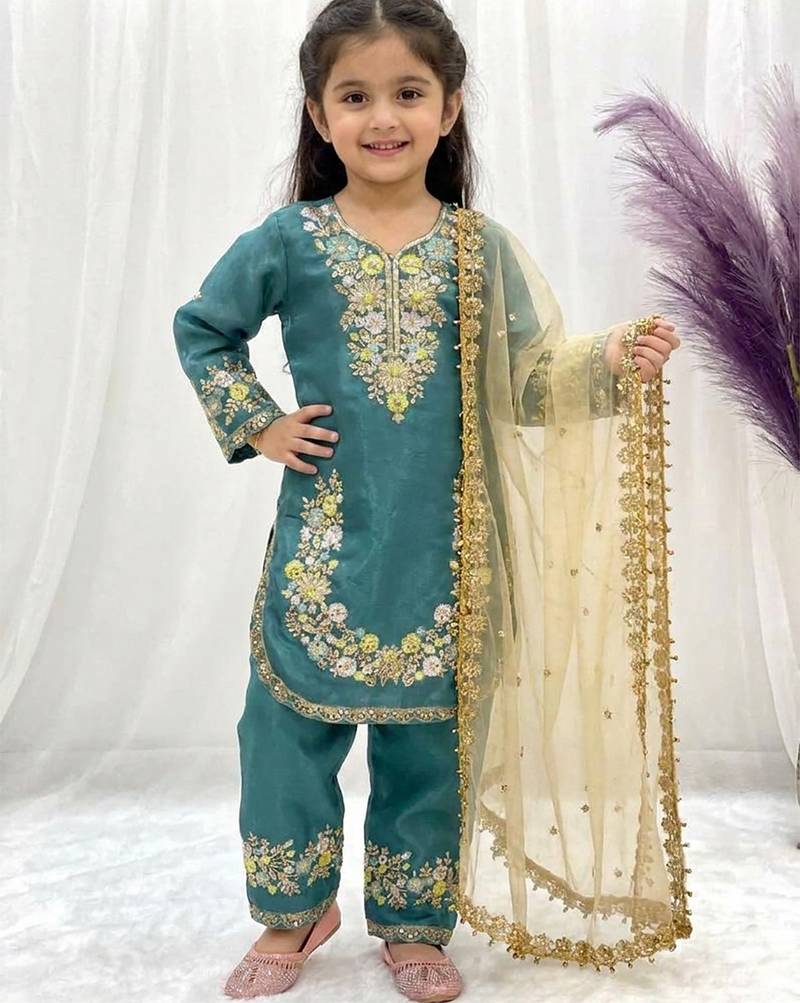 Turquoise gmy silk embroidery sequence work girls kids dress set