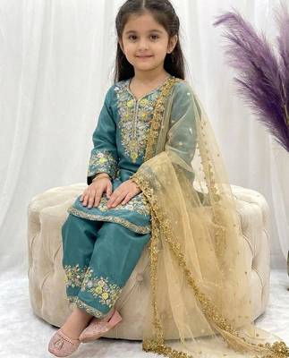 Turquoise gmy silk embroidery sequence work girls kids dress set 2