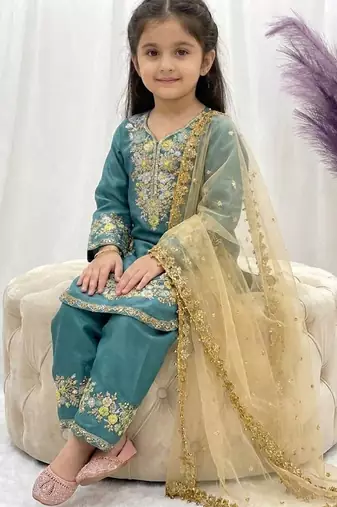Turquoise gmy silk embroidery sequence work girls kids dress set