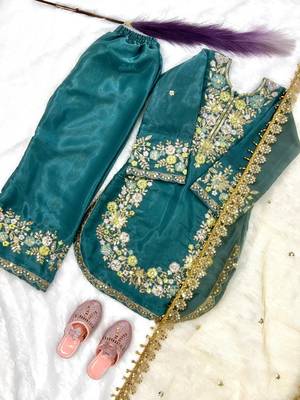 Turquoise gmy silk embroidery sequence work girls kids dress set 3