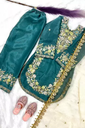 Turquoise gmy silk embroidery sequence work girls kids dress set