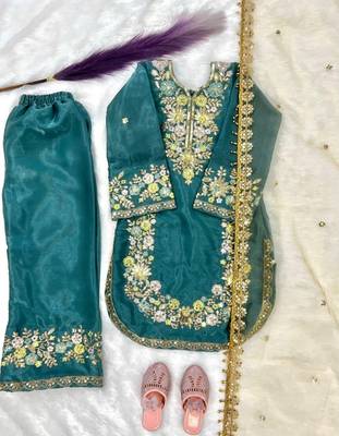 Turquoise gmy silk embroidery sequence work girls kids dress set 4