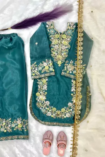 Turquoise gmy silk embroidery sequence work girls kids dress set