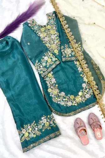 Turquoise gmy silk embroidery sequence work girls kids dress set