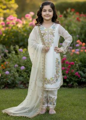 White gmy silk embroidery sequence work girls kids dress set 1
