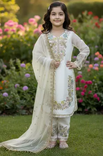 White gmy silk embroidery sequence work girls kids dress set