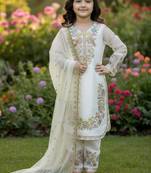 White gmy silk embroidery sequence work girls kids dress set