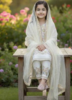 White gmy silk embroidery sequence work girls kids dress set 2
