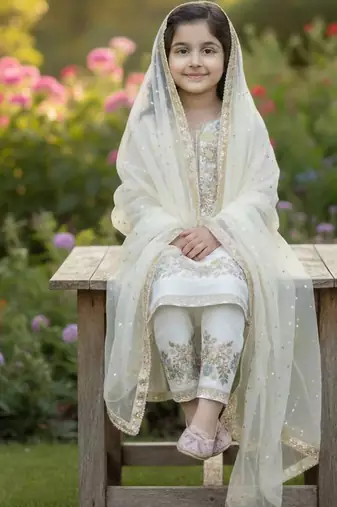 White gmy silk embroidery sequence work girls kids dress set