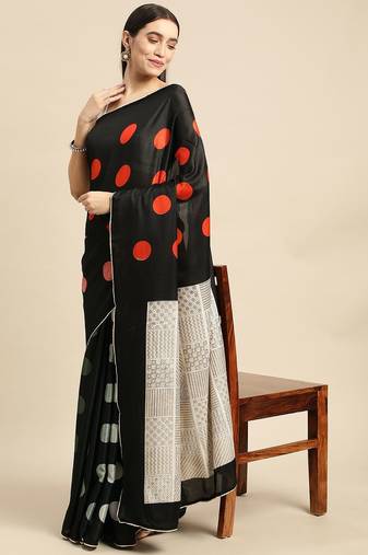 Black elegant printed silk cotton saree with blouse piece