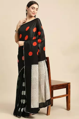 Black elegant printed silk cotton saree with blouse piece