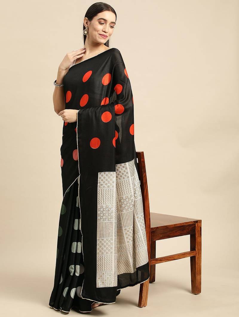 Black elegant printed silk cotton saree with blouse piece