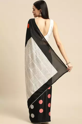 Black elegant printed silk cotton saree with blouse piece