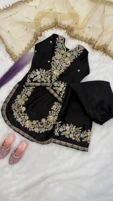 Black gmy silk embroidery sequence work girls kids dress set 3