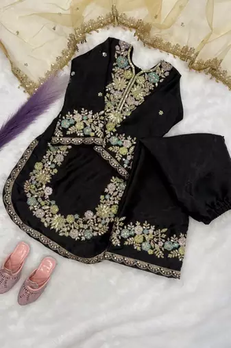 Black gmy silk embroidery sequence work girls kids dress set