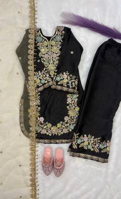 Black gmy silk embroidery sequence work girls kids dress set 4