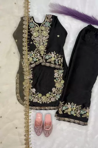 Black gmy silk embroidery sequence work girls kids dress set
