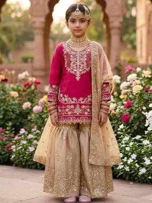Pink gmy silk embroidery cording sequence work for girls kids sharara set 1