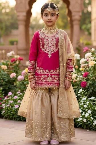 Pink gmy silk embroidery cording sequence work for girls kids sharara set