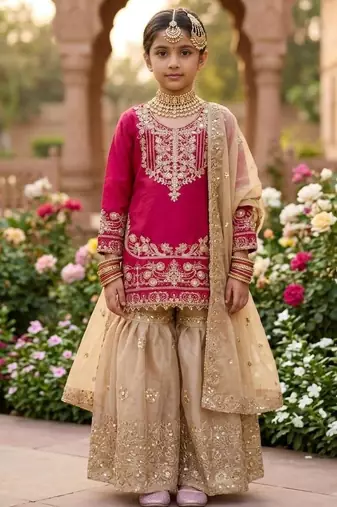 Pink gmy silk embroidery cording sequence work for girls kids sharara set