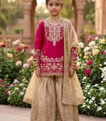 Pink gmy silk embroidery cording sequence work for girls kids sharara set