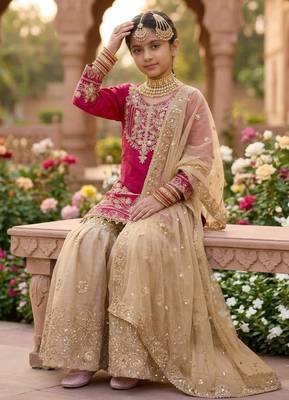 Pink gmy silk embroidery cording sequence work for girls kids sharara set 2
