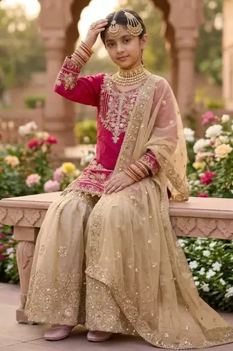 Pink gmy silk embroidery cording sequence work for girls kids sharara set