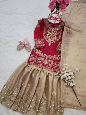Pink gmy silk embroidery cording sequence work for girls kids sharara set 3