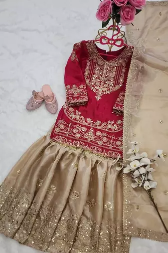 Pink gmy silk embroidery cording sequence work for girls kids sharara set