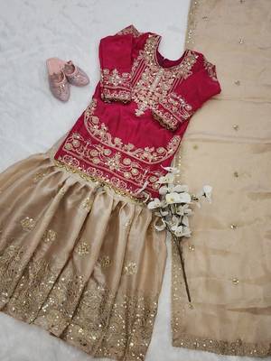 Pink gmy silk embroidery cording sequence work for girls kids sharara set 4