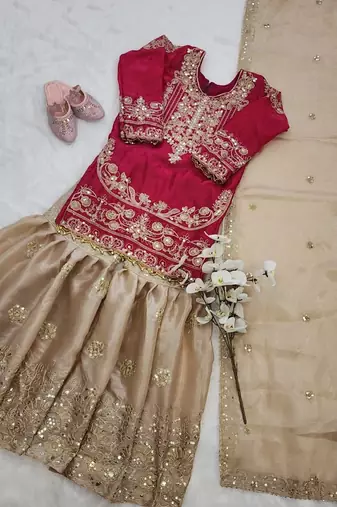 Pink gmy silk embroidery cording sequence work for girls kids sharara set