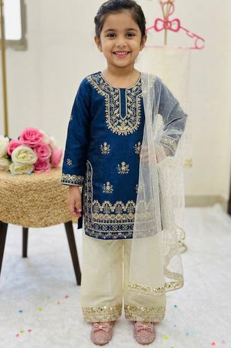 Blue fendi silk embroidery cording sequence work for girls kids dress set