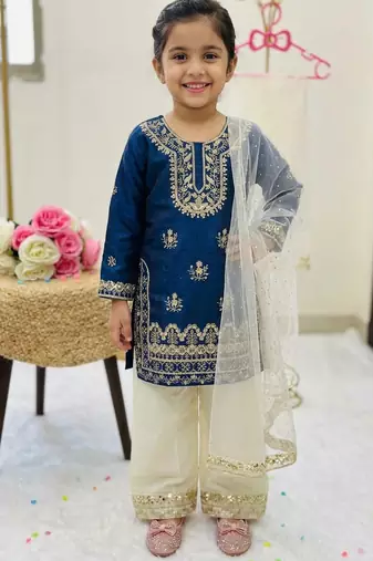 Blue fendi silk embroidery cording sequence work for girls kids dress set