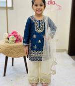 Blue fendi silk embroidery cording sequence work for girls kids dress set
