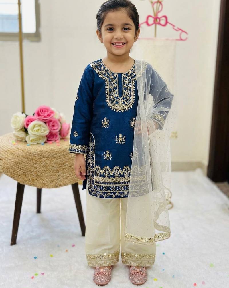 Blue fendi silk embroidery cording sequence work for girls kids dress set