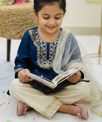 Blue fendi silk embroidery cording sequence work for girls kids dress set 2