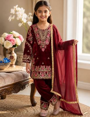 Wine fendi silk embroidery sequence work for girls kids dress set 1